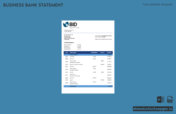 Beispiel eines Kontoauszugs des BID-Geschäftskontos (Word- und PDF-Datei)
